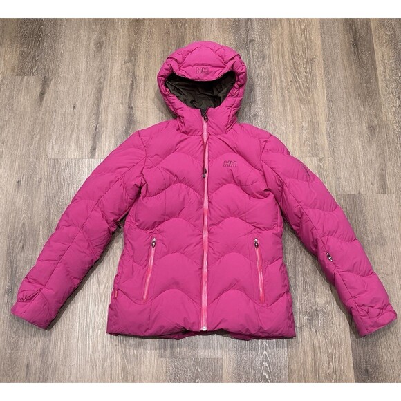 Helly Hansen Down Jacket Womens Large Pink Hooded Puffer Waterproof Recco Ski - Picture 1 of 14